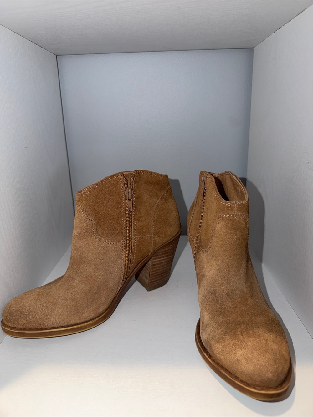 Women's Tan Suede Ankle Bootie with Block Heel
